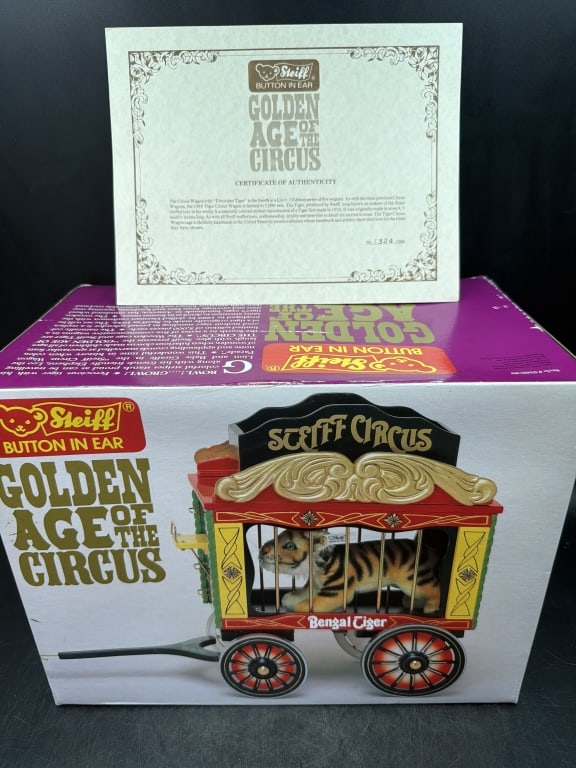 Steiff Golden Age of the Circus Bengal Tiger Wagon: In original box featuring a tiger in a circus wagon. LE set includes a mohair Bengal Tiger and a rolling wagon. Condition is good, see pictures. No refunds given.