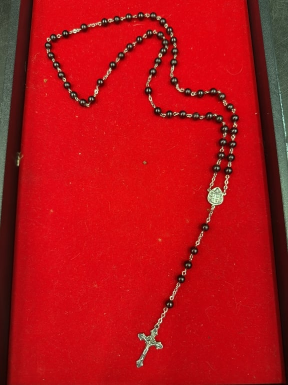 Sterling Silver Rosary w/Scared Ebony Wood: Stunning piece that condition is consistent with age and use. See pictures. No refunds given.