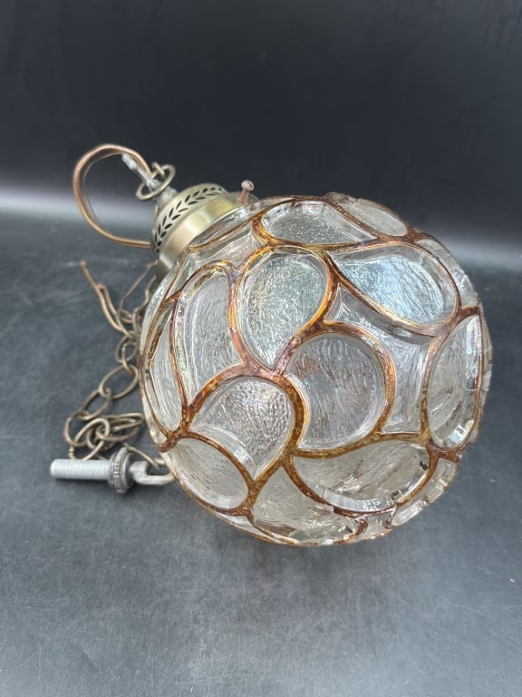 Vintage Mid Century GlassGlobe: Nice biomorphic textured glass globe swag pendant lamp. With a ornate brass canopy collar and hanging chain loop for swag mounting. Measures about 27" around. Condition appears good, see pictures. No