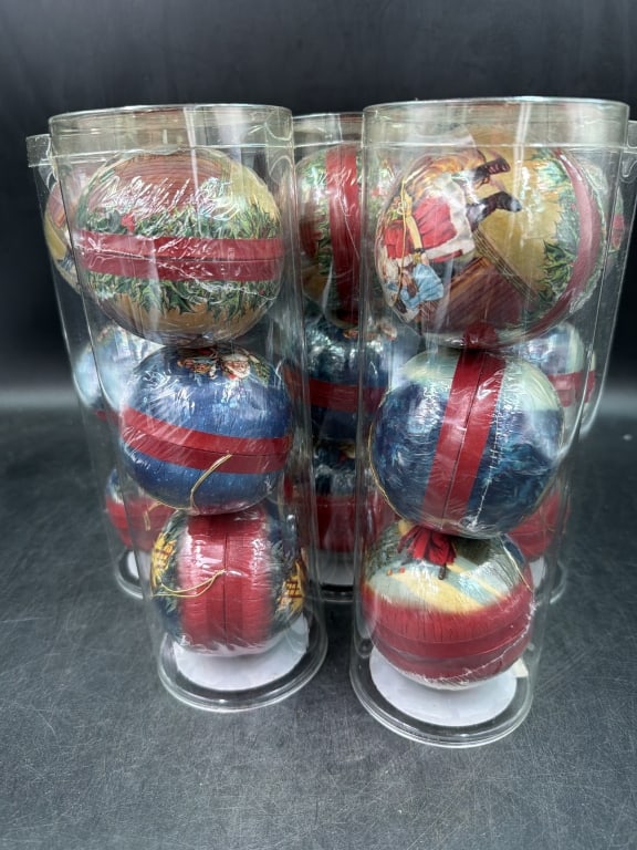 Vintage Paper Mache Christmas Ornaments: Comes in clear cylindrical plastic tubes for storage and total of 5 in this lot. Each has 3 in there tubes. Condition appears to be good, see pictures. No refunds given.