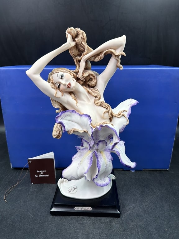 Armani Collector Society 1990: Comes in original box and papers. Figurine depicts women emerging from blue and white iris flower and approximately 13 to 17 inches tall. Condition is good, see pictures. No refunds given.