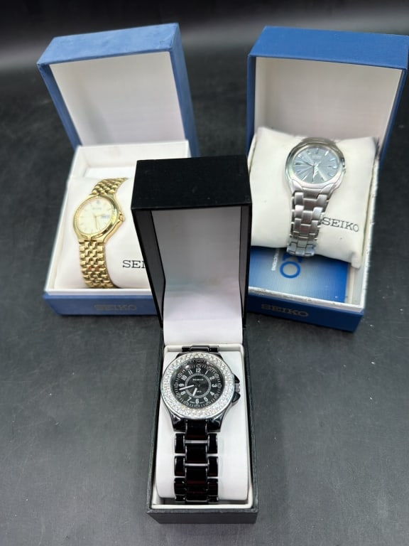 Watches: Total of 3 in original boxes. See pictures, there is Sieko, etc. No refunds given.
