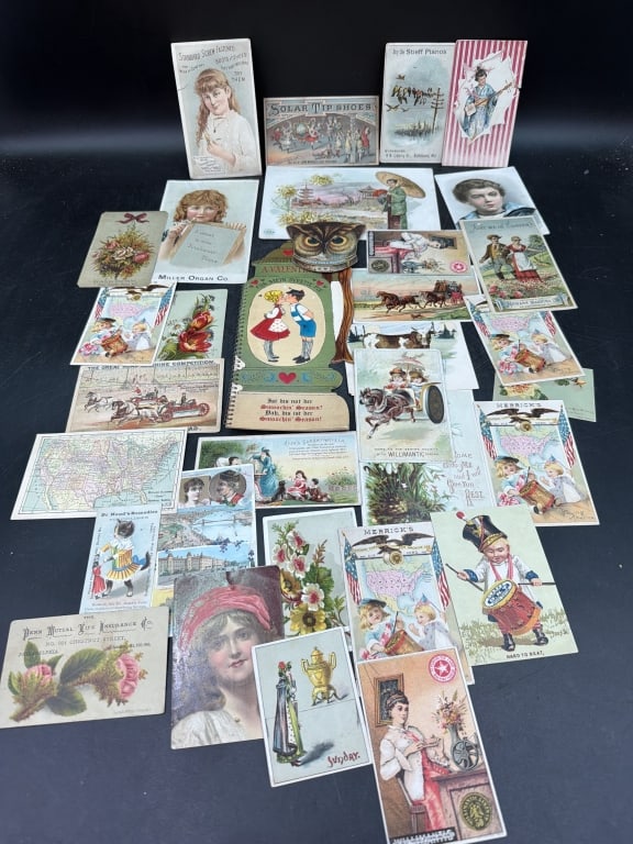 Antique Advertisement Cards: There is estimated 30 in this lot of Advertisement. See pictures. Condition is consistent with age. No refunds given.