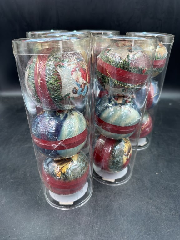 Vintage Paper Mache Ornaments: Comes in clear cylindrical plastic tubes for storage and total of 6 in this lot. Each has 3 in there tubes. Condition appears to be good, see pictures. No refunds given.
