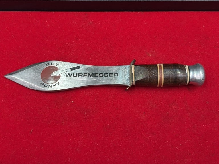 Wurfmesser Solingen Germany Throwing Knife: Vintage German Rot Punkt (Red Dot) throwing knife. Likely made by Anton Wingen Jr in Solingen Germany during the 1970 or 1980's. Knife has a distinctive broad blade shape paired with a stacked