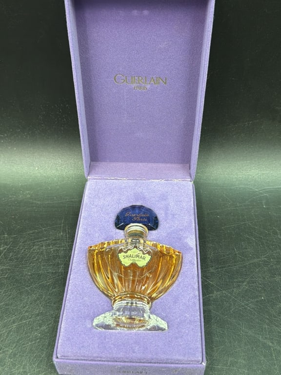Guerlain Perfume in Box: Nested inside it original purple velvet case. Designed by Raymond Guerlain. Classic fan shaped falcon and deep blue glass stopper. See pictures, condition is good. No refunds given.