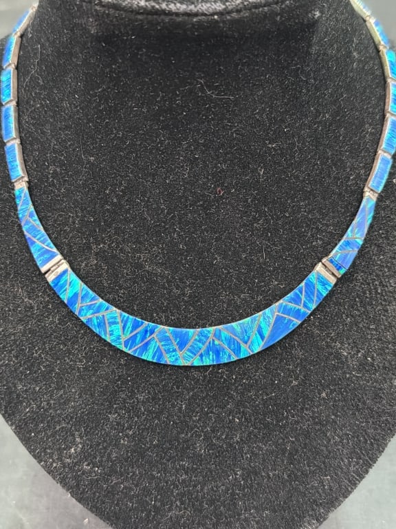 Navajo Sterling Silver Necklace with Blue Opal Inl: Nice piece featuring blue opal inlay stones. Weighs 20.7g and condition is good. See pictures. No refunds given.