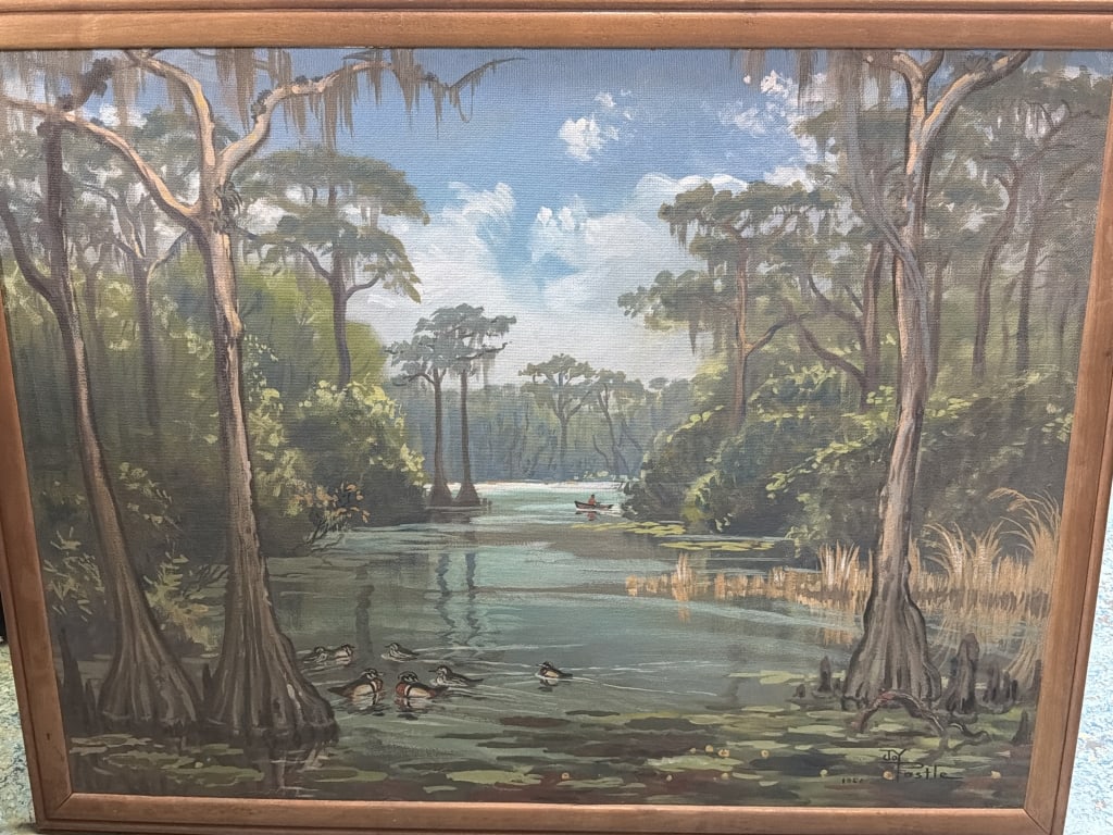 Joy Postle Oil Painting: Circa 1896-189 prolific American artist known for paining Florida wildlife, birds and murals. Measures 33 1/4" x 43". Condition is good, see pictures. No refunds given.