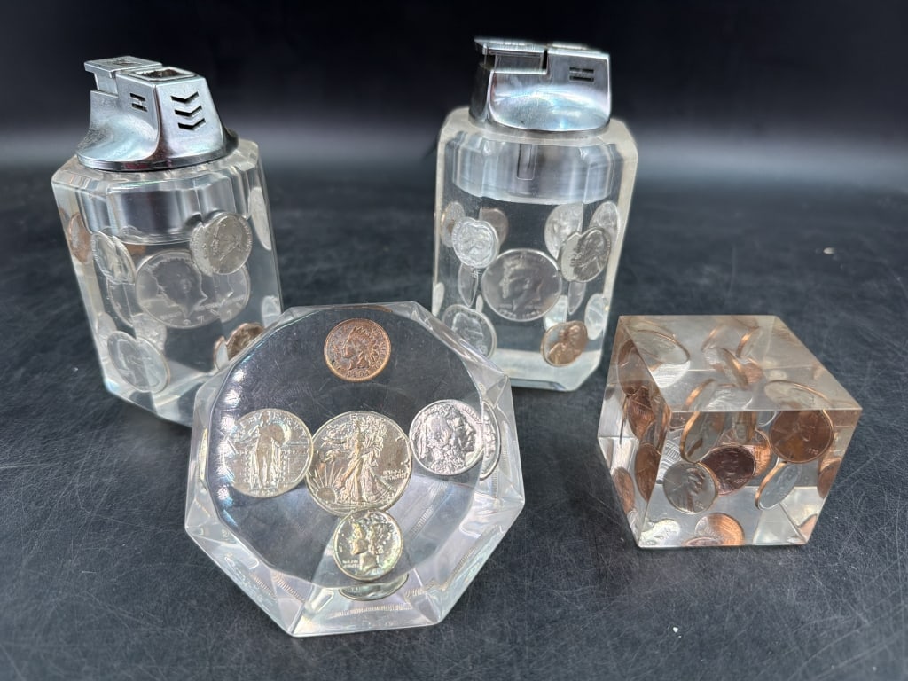 Vintage Lucite Containing Embedded Coins: Circa 1970's. Items feature geometric shapes including hexagonal and cube designs. Total of 4 pieces, see pictures. Condition is consistent with age and use. No refunds given.
