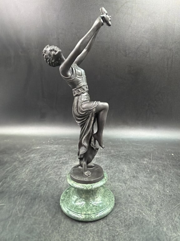 Art Deco Bronze Dancer Piece: Statue depicts a dancer holding a theatrical mask. Referred to as "Comedy Tragedy Dancer". Crafted brown. Measures 11". Condition is good, see pictures. No refunds given.