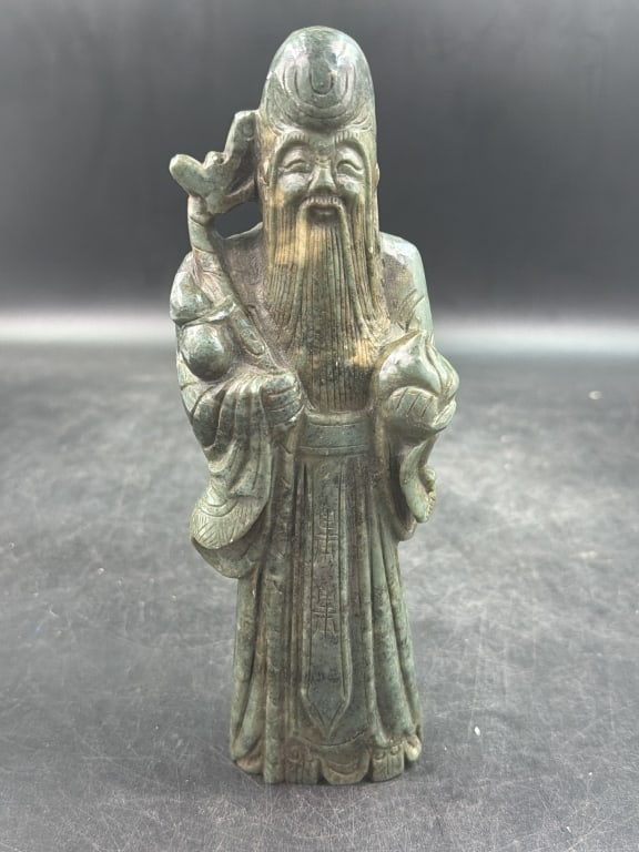 Vintage Chinese Jade Figure of Shou Lao: The God of Longevity. Statue depicts Shou one of the three "Fu Lu Shou" wise men recognizable by his long beard, high forehead and robes. Measures 9" Condition is good, see pictures. No refunds