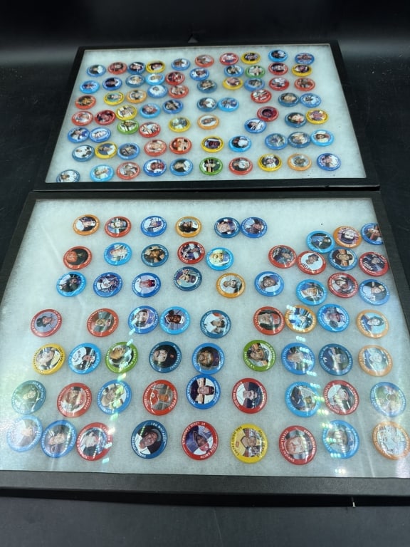 Vintage 1984 Fun Foods Baseball Buttons: All are displayed in large riker cases. There is about 62 in one case. Nice collection of MLB players like Cal Ripken and Don Mattingly, etc. See pictures. No refunds given.