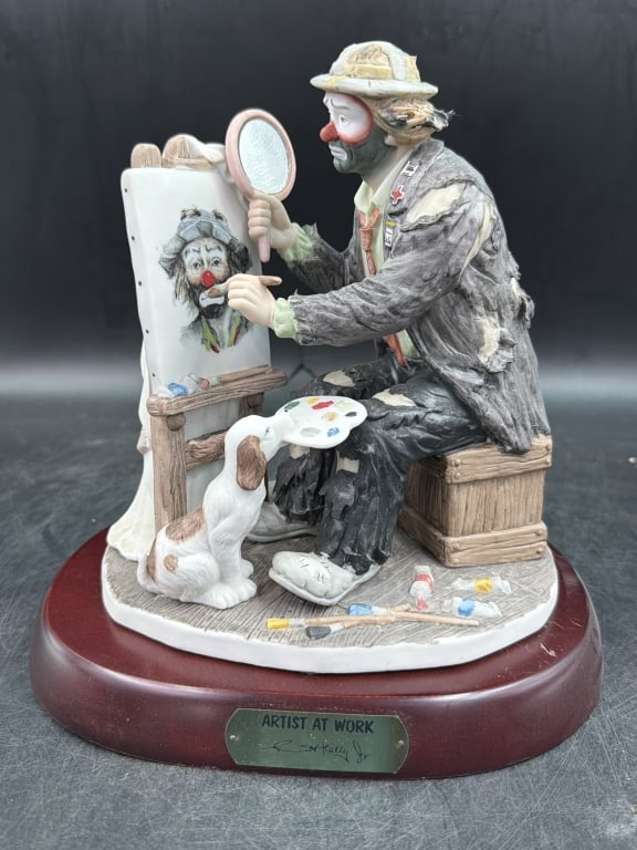 Vintage Emmett Kelly Jr 'Artist at Work': Hand painted piece depicts sad clown character "Weary Willie" seated on a crate while using hand mirror. Condition is good, see pictures. No refunds given.