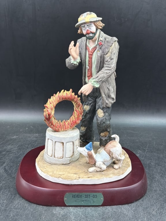 Vintage Emmett Kelly Jr 'Ready Set Go': Depicts the clown character "Weary Willie" practicing a circus trick with his small dog. Hand painted bisque porcelain and sits on wooden base. LE #170/1500. Condition is good, see pictures. No