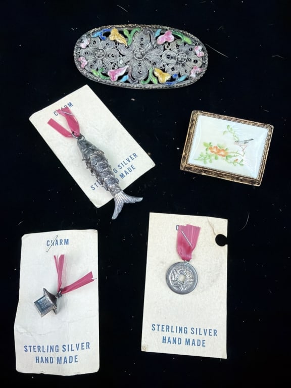 Jewelry Lot W/Sterling: This older lot has 3 pieces on original hang tags. There is also a hand painted brooch and a filigree enamel brooch. Condition is good, see pictures. No refunds given.