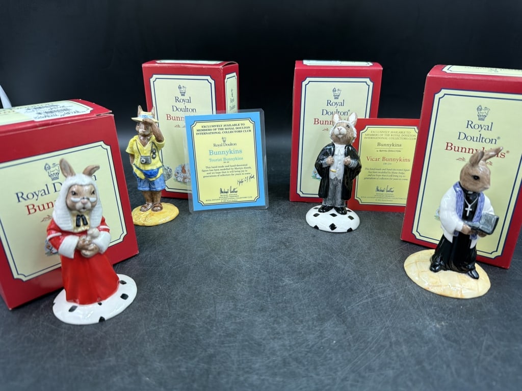 Royal Bunnykins by Royal Doulton Lot: Total of 4 in this lot. All have original boxes and condition is good, see pictures. All are hand made and hand painted. Made in England. No refunds given.