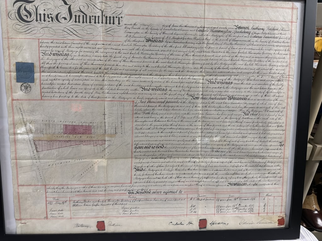 Vintage Antique Indenture: Document is a historical legal the 18th and 19th centuries to record property transactions. Documents has wax seals and revenue stamps. Dated 6/2/1877. See pictures. In frame to preserve which