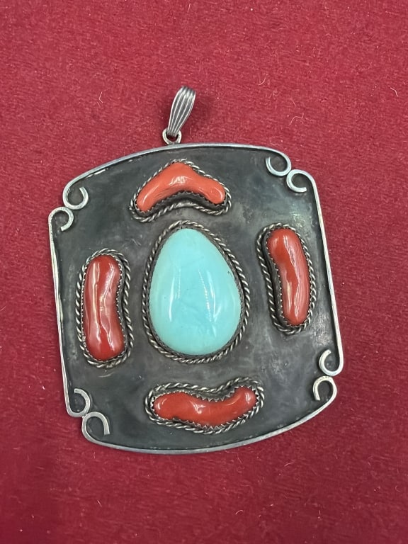 Native American Pendant 'large': Nice pendant with turquoise and coral. Measures 2.5" x 2 1/4". Condition is good, see pictures. Weighs 47.5g and no refunds given.
