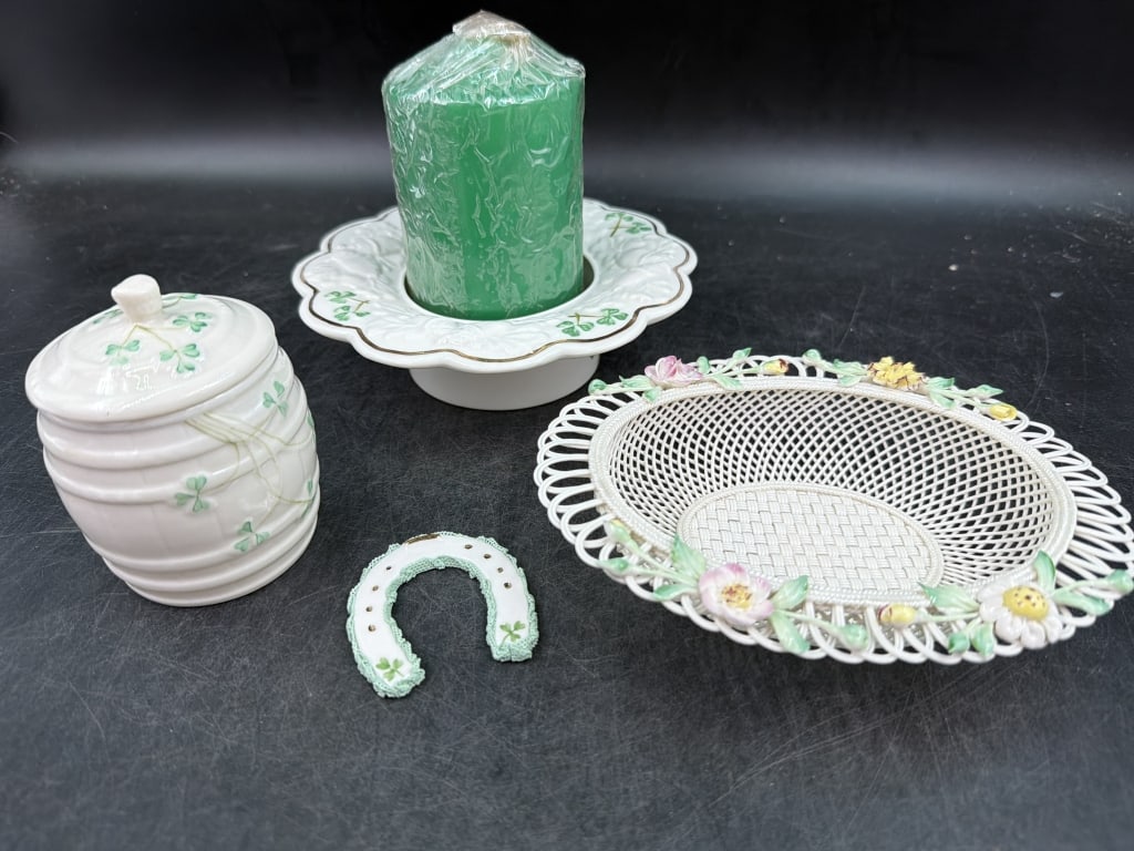 Vintage Porcelain Items: Total of 4 pieces in this lot. One is a Donegal and the rest are Belleek. All made in Ireland. Condition is good, see pictures. No refunds given.