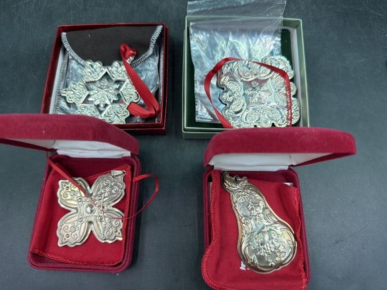 Vintage Sterling Ornaments: Total of 4 Sterling ornaments in original boxes. There is Reed & Barton, Gorham and Wallace. Weighs 76.0 g and condition is good, see pictures. No refunds given.