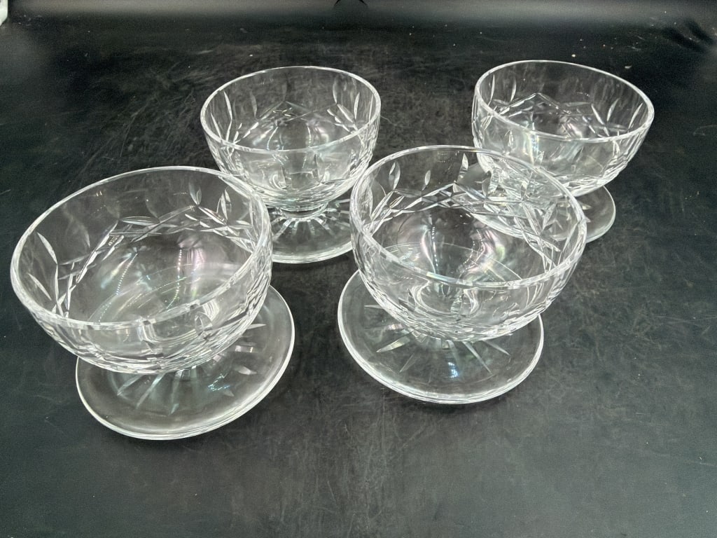 Waterford Lismore Footed Dessert Bowls: Total of 4 in this lot. Vintage Waterford Crystal with iconic Lismore design features signature diamond cuts accented by alternation vertical wedge cuts. Excellent light refraction and sparkle.