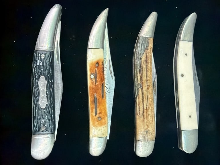 Vintage Pocket Knives: Total of 4 vintage pocket knifes. They are marked on blade Colonial, Frost Cutlery, Q Steel and Solingen. Condition is consistent with age and use, see pictures. No refunds given.