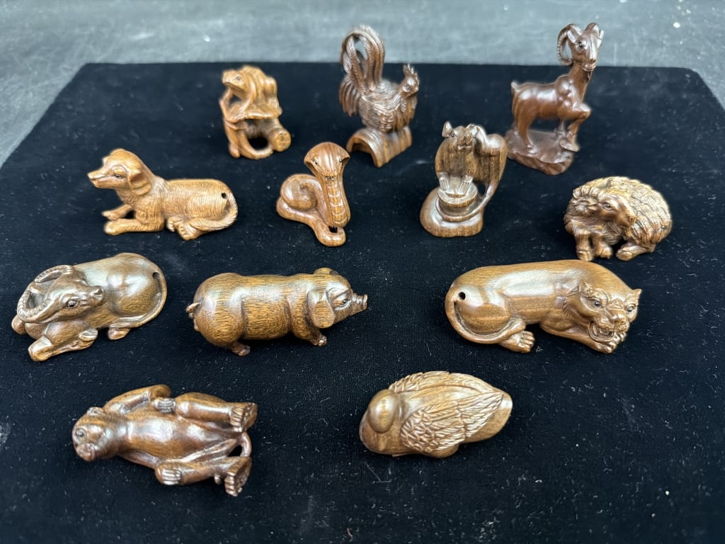 Vintage Chinese Boxwood Carved Zodiac Animals: Miniature hand carved wooden sculptures represent the 12 animals of Chinese zodiac. Condition is consistent with age and use, see pictures. No refunds given.