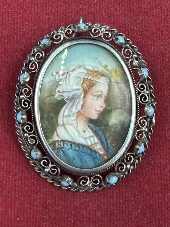 Vintage Brooch/Pendant w/Filigree Silver Setting: Vintage silver brooch features a hand painted portrait of a woman in Renaissance style attire surrounded by turquoise cabochon gemstones. Condition is consistent with age and use, see pictures. No ref