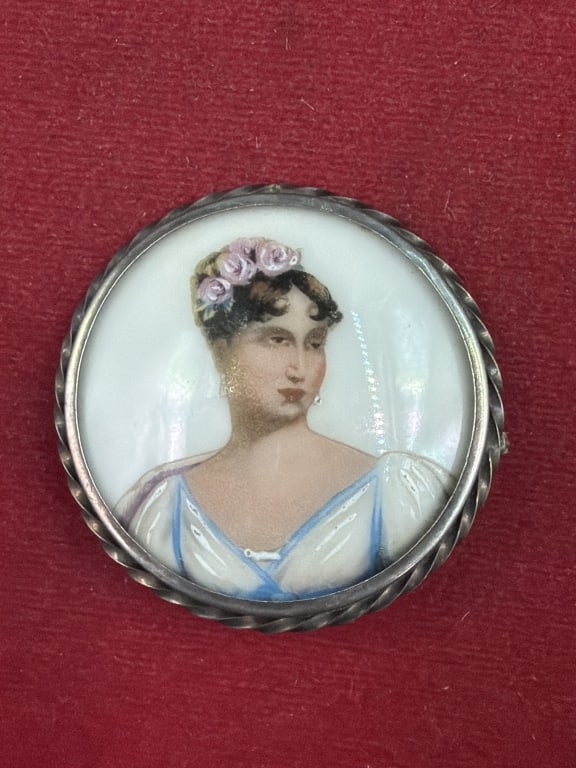 Antique French Empire Hand Painted Portrait Brooch: Marked on the back Limoge and sterling. Portrait depicts Marie Louise, Duchess of Parma. Measures 1 3/4". Condition is consistent with age and use, see pictures. No refunds given.