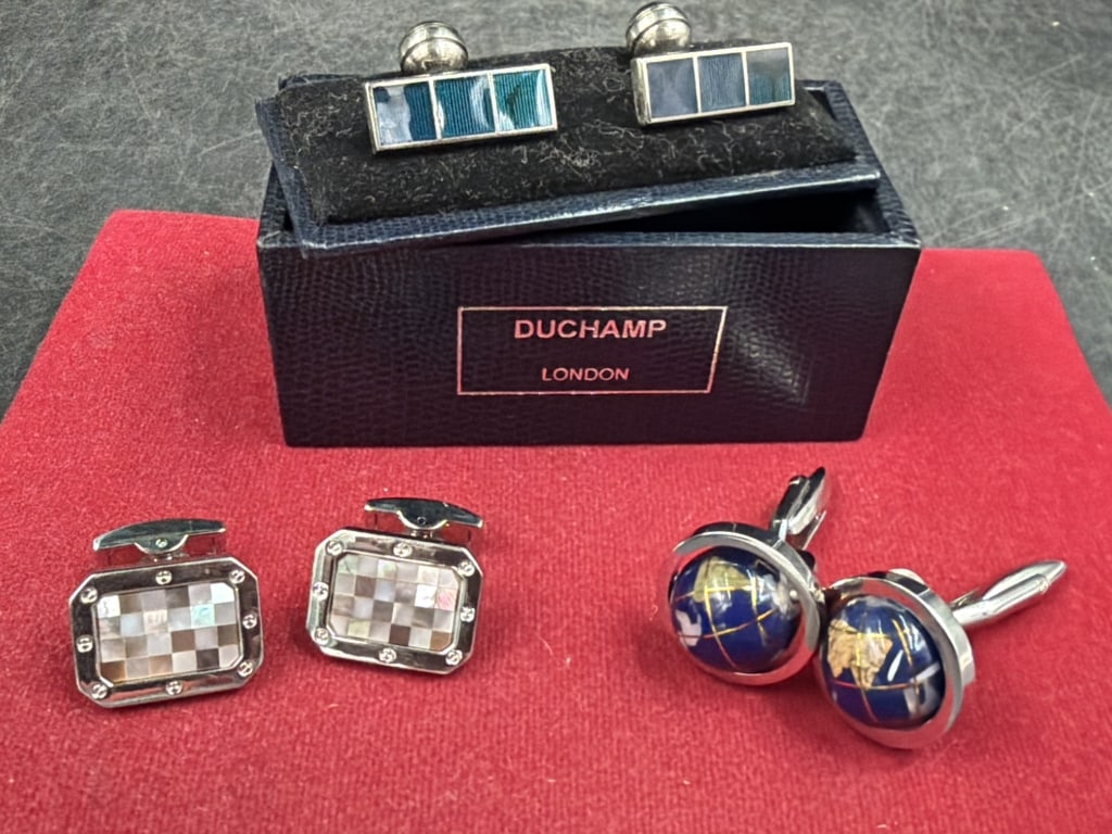 Vintage Cuff Links: Set of 3 cuff links. There is one with gemstone globe which articulates, there is abalone and lastly there is enamel. Condition is good, see pictures. No refunds given.