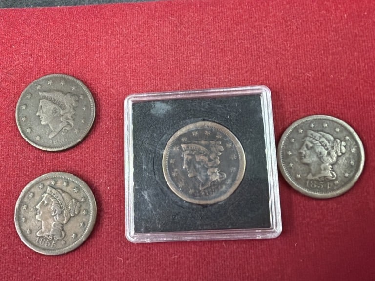 Vintage Large Cent Pieces: Total of 4 large cents in this lot. Believe years are 1850, 1851, 1855 and 1888. Condition is consistent with age and use, see pictures. No refunds given.