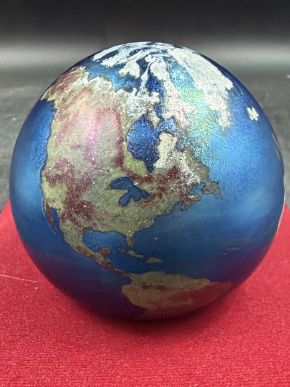 Lindberg Studios Art Glass Earth Paperweight: Featured hand blown Earth Globe design. Paperweight measures about 3.5" in diameter. Signed by artist. Condition is good, see pictures. No refunds given.