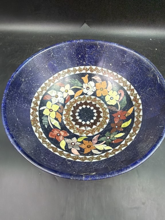 Vintage Lapis Aghan Gemstone Bowl: Decorative gemstone bowl from Afghanistan features intricate floral mosaic inlays and polished natural lapis stones. Globally renowned for its high quality lapis lazuli deposits. Piece has original