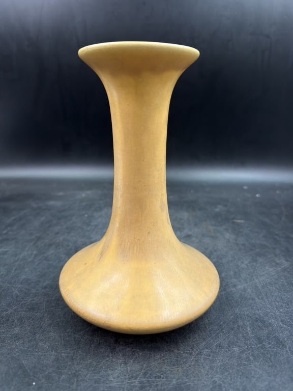 Vintage Rookwood Pottery Vase: Butterscotch Trumpet Vase. Featuring a flared rim, a long slender neck and wide bulbous base. Per mark XVII indicated item was produced in 1918. Stunning vase that measures 7 3/4"h. Condition is
