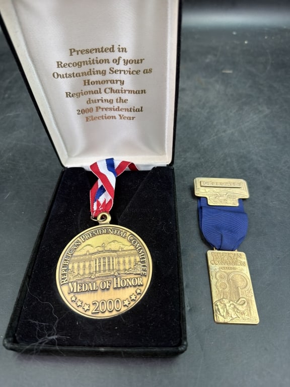 Vintage Politician Medals: In this lot is a Delegate Republican National Convention Detroit and the other is in box Republican Residential Committee Medal of Honor 2000. Condition appears good, see pictures. No refund given.