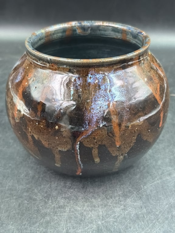 Brush Onyx Vase: Features distinctive brown and orange drip glaze. Marked on bottom raised relief makers mark. Measures 5.5"h and opening is 4.5". Condition is good, see pictures. No refunds given.