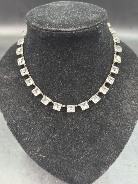 Vintage Art Deco Riviere Choker: Features square cut, faceted clear glass in silver stone setting. Condition is consistent with age and use, appears good. See pictures no refunds given.