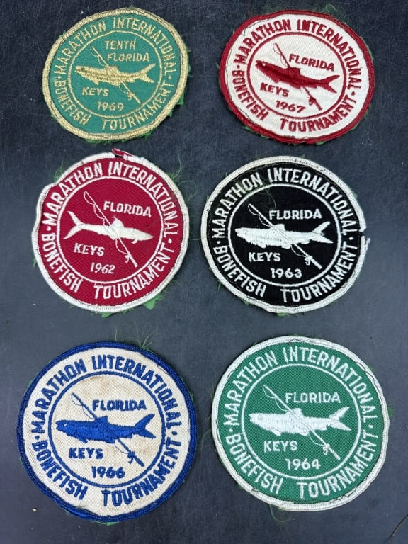 Vintage Maraton Bonefish Tournament Patches: Total of 6 in this lot for the 60's. Embroidered and a stylized fish graphic. See pictures, condition appears good. No refunds given.