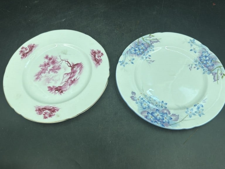 Vintage Shelley Plates: Total of 2 in this lot. They are fine bone china. See pictures, condition appears good. Measures about 8" each. No refunds given.