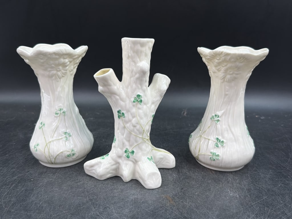 Belleek Vases: Total of 3 vases in this lot. They measures from 5 1/4 to 6 1/4". Condition is good, see pictures. Red mark and Green mark. No refunds given.