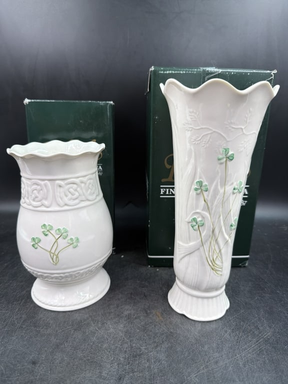 Belleek Vases: Total of 2 and one has red mark and black mark. See pictures, condition is good and come in original boxes. No refunds given.
