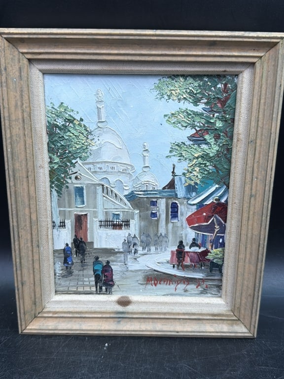 Vintage Oil Painting: Depicts a Parisian street scene featuring the Sacre-Coeur basilica. Signed by artist Elisabeth Molakidis. See pictures, measures 9" x 7.5 x 1". Condition is good. No refunds given.