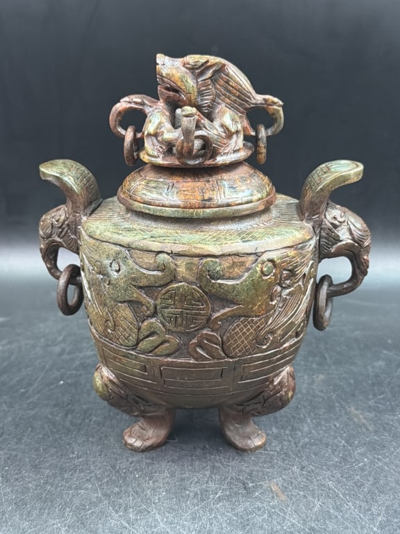 Beautifully Carved Jade or Jadite: Some type of hard stone, Jade?. Measures just under 8” tall and 6 3/4” wide. See pictures. Condition is consistent with age and use,