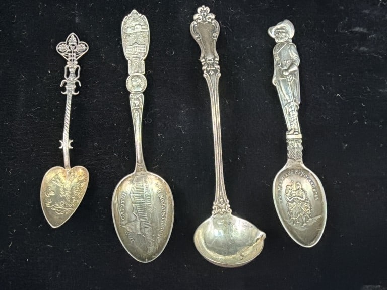Antique Sterling Spoons: Total of 4 in this lot. See pictures, condition is good. Total weight is 57.4g. No refunds given.