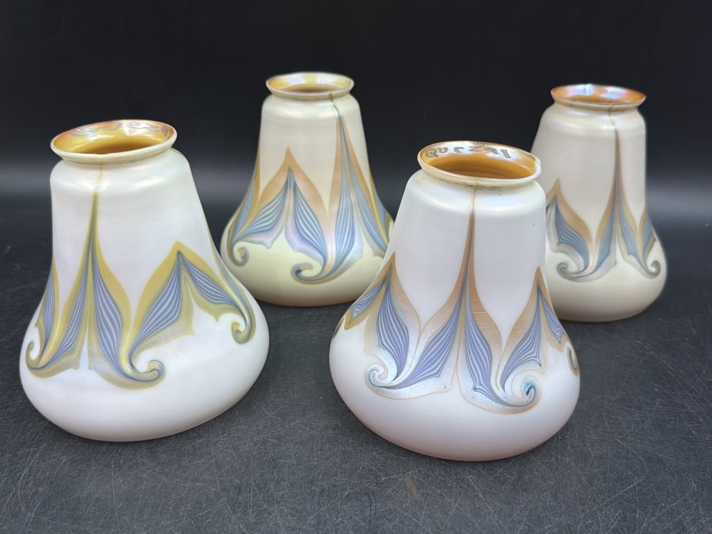 Vintage Art Nouveau Lamp Shade Quezel Art Glass: Features "Hooked Feather" pattern with blue and gold iridescence against opal glass ground. Signed Quezel. Measures 5" and diameter is 5". Circa 1910-1920. Total of 4 in this lot. Condition is good