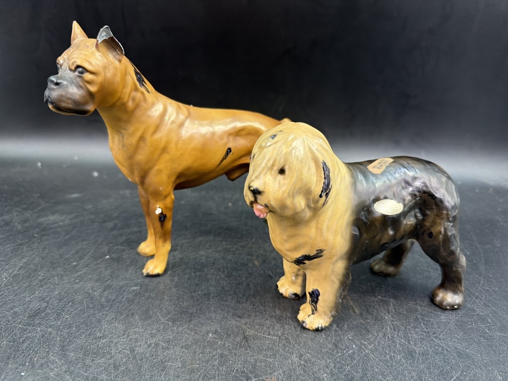 Vintage Mid Century Mortens Studio Dog Figures: Total of 2 figurines marked on bottom. One is a boxer and other is Old English Sheep Dog. Condition is consistent with age, see pictures. No refunds given.