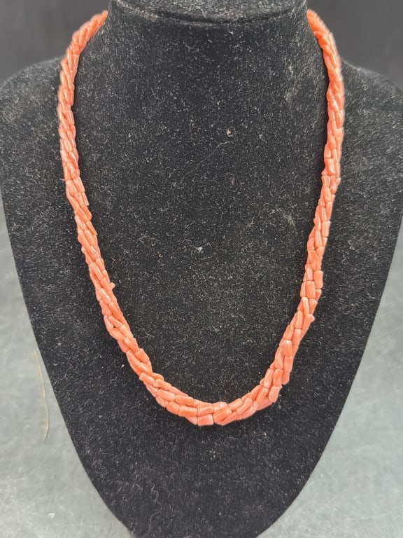 Beautiful Angel Skin Twisted Coral Necklace.: Measure is just under 18 inches long. Necklace is constructed as a "torsade" multiple strands are twisted together. See pictures, condition is good. No refunds given.