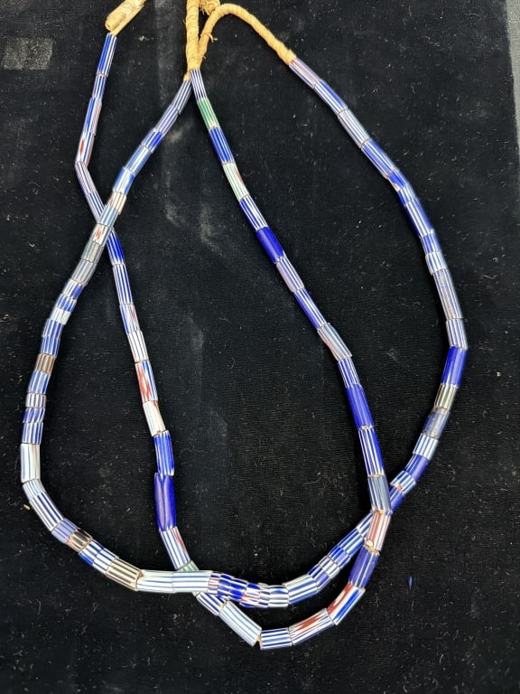 Venetian African Blue Chevron Trade Bead Necklaces: Total of 2 in this lot. Beads feature stripe bead or chevron. Measures about 24" to 25" each. See pictures, no refunds given.