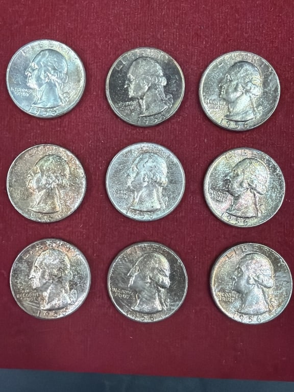 Silver Quarters: Total of 9 quarters, looks to be uncirc. and all are dated 1956. See pictures, condition is consistent with age and use. No refunds given.