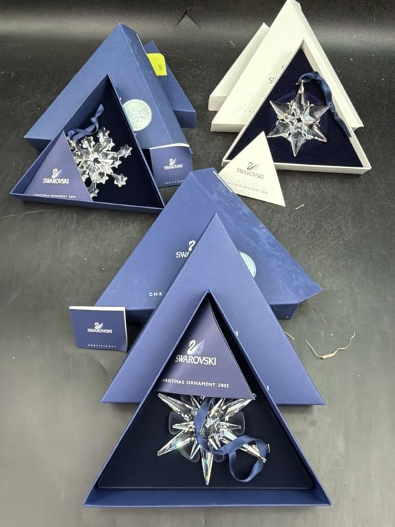 Swarvoski Ornaments: Years are 2004, 2005 and 2007. All come in original boxes with papers. See pictures, no refunds given.